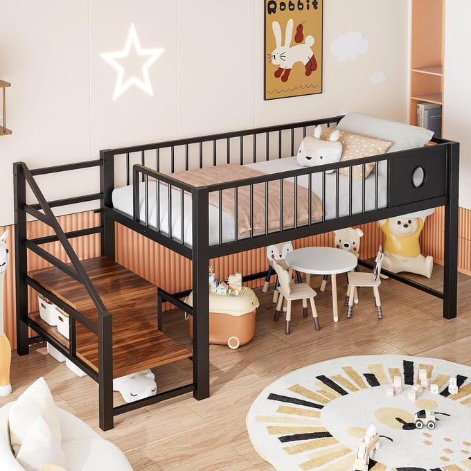 Halfhoogslaper - 90x200 cm - met Opbergtrap - Stabiel Frame voor Kinderen - Metaal - Zwart