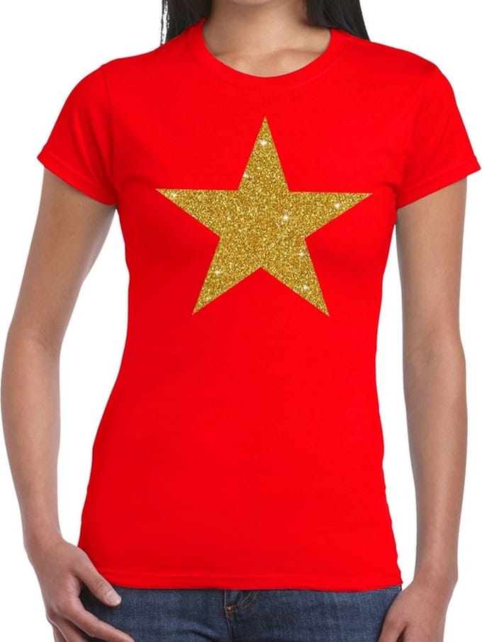 Bellatio Decorations verkleedkleding t-shirt - rood - dames - Gouden Ster van glitters - feestkleding - Disco - Ster van de show S