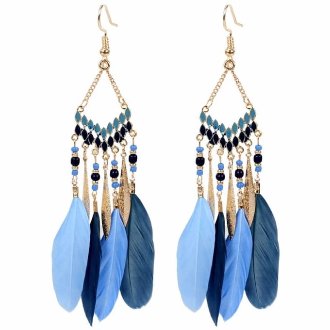 Fako Bijoux® - Oorbellen - Bohemian - Veren - Retro - Blauw