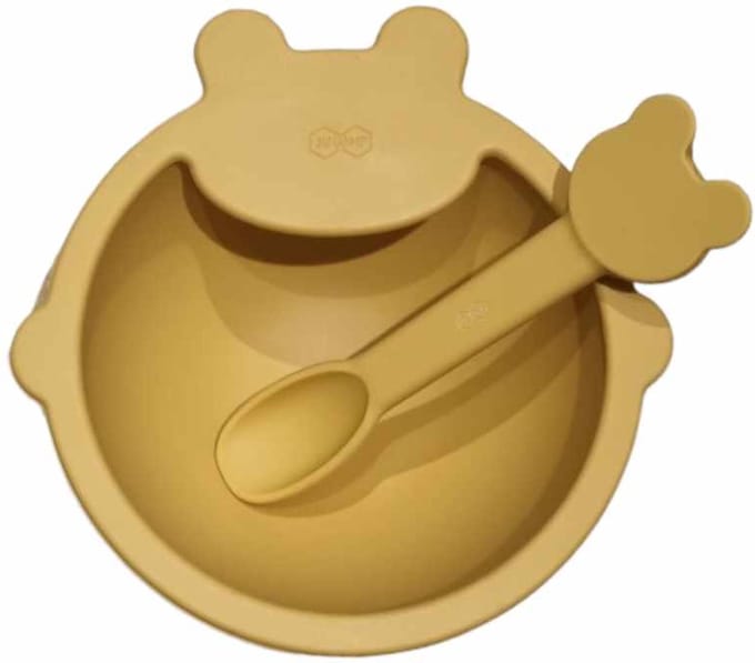 JU&MP Kommetje Teddy Bear met Lepel - Baby - Kinderservies - Zuignap - Onbreekbaar - Mango