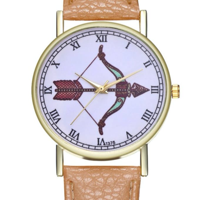 Hidzo Horloge Pijl en Boog Ø 38 - Beige - Kunstleer - In Horlogedoosje