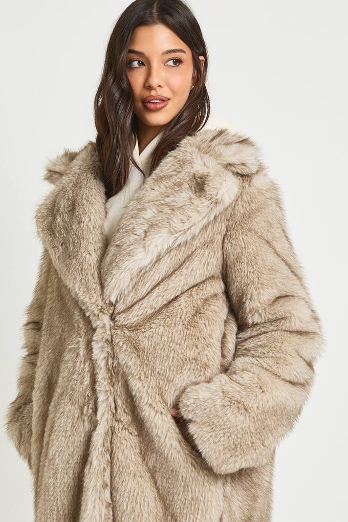 boohoo Dames Vintage Look Nepbont Maxi Jas | Natural | Maat: 14
