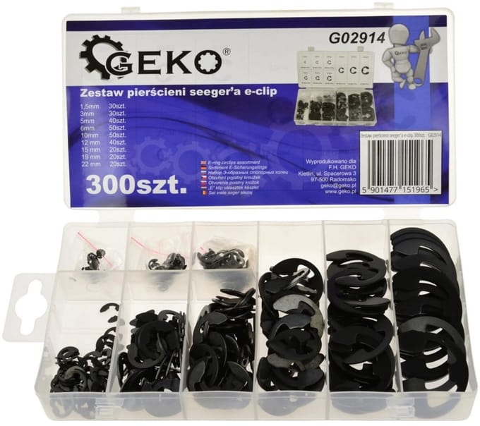GEKO E-clip set - roestvrij staal - 300 stuks - 9 maten - met opbergdoos