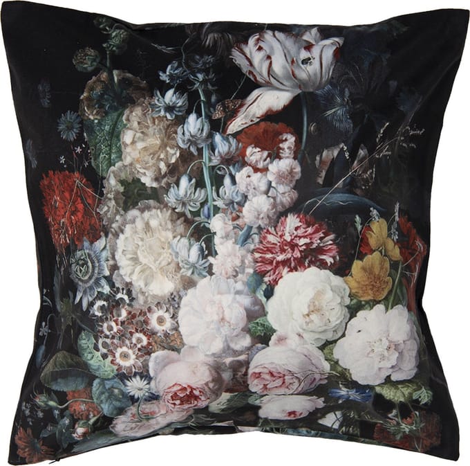 Clayre & Eef Kussenhoes 45x45 cm Zwart Polyester Bloemen