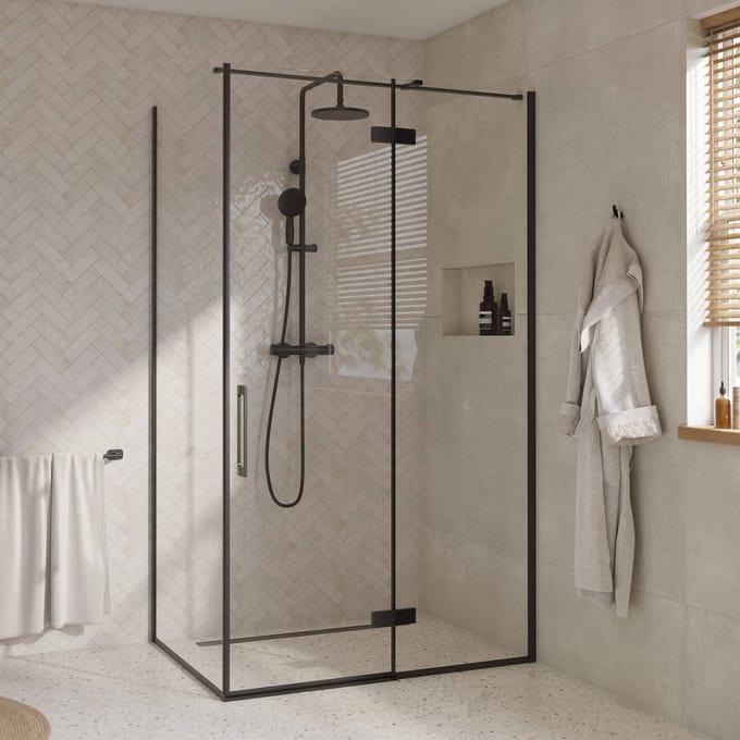Saqu Grace douchecabine met draaideur rechts incl. antikalk 120x90x210cm mat zwart
