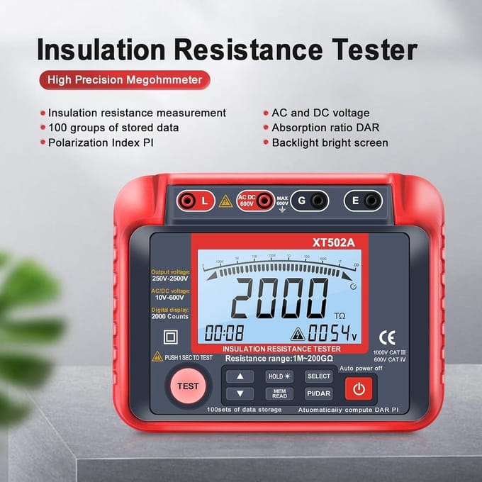 Isolatiemeter - Megger Tester Ohm Meter - Elektrische Inspectie - Variabele Testspanning - 200G Ohm Bereik - XT-502A