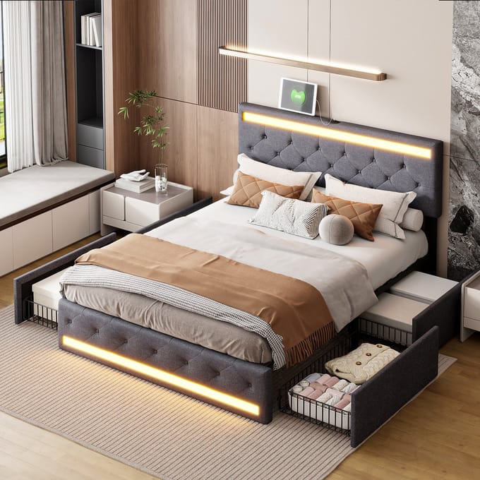 Gestoffeerd Bedframe 140x190 met LED & Lades – Grijs Linnen – USB & Type-C – Modern Design