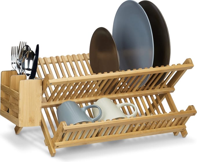 afdruiprek met bestekmand - 2 etages - bamboe - inklapbaar - 24 x 46 x 28 cm