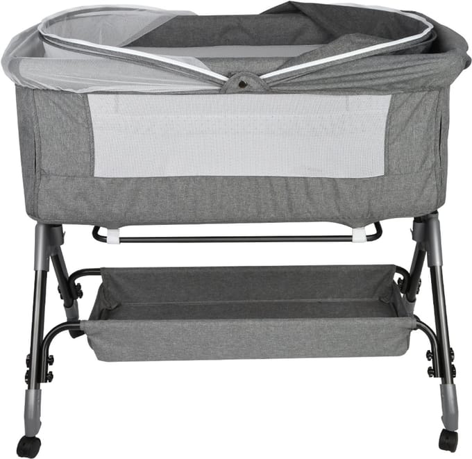 PIPIPOXER Babybedje 4-traps hoogteverstelling met plank, matras, grijs
