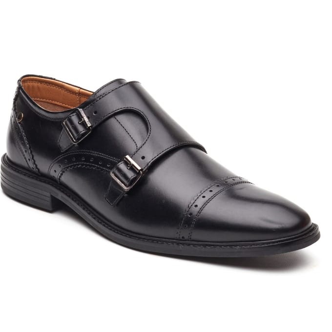 Base London Henley Monk Leer Heren Zwarte Dubbele Monk Schoenen