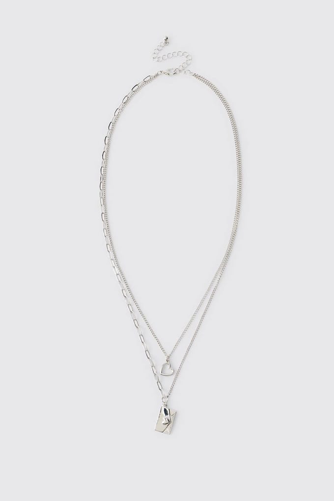 Double-Layer Silver Necklace with Envelope & Heart Charm