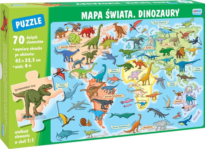 Mapa świata Dinozaury Puzzle 70 elementów - Wereldkaart Dinosaurussen Puzzel 70 stukjes