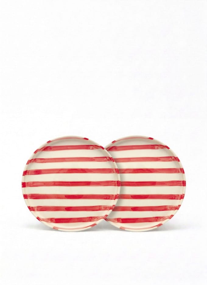 vtwonen - Borden - Lunchbord - Strepen - Rood - Set van 2 - Keramiek - 20cm