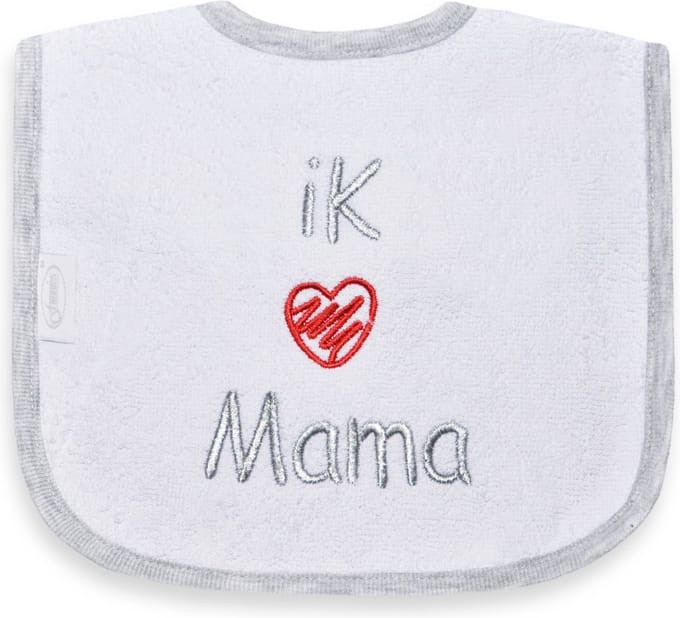 Funnies geborduurd tekst slabbetje: ik hartje mama (rood)
