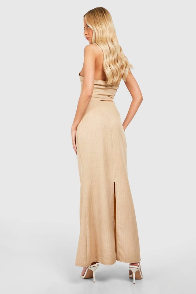 boohoo Dames Lange geweven pinstripe maxi-rok | Steen | Maat: 42