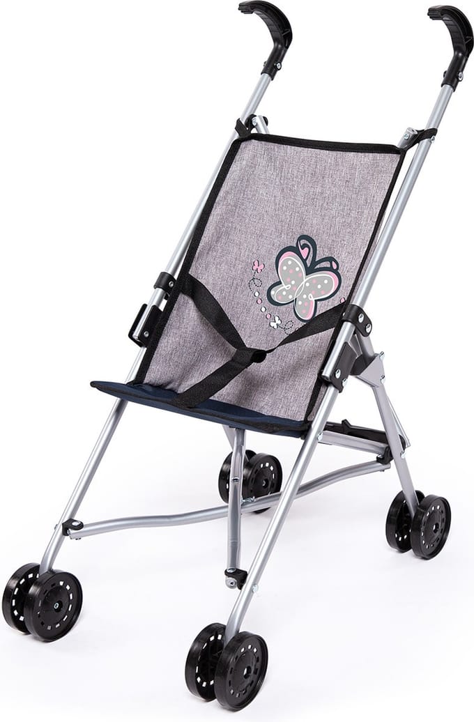 Bayer Design - Poppenbuggy, opvouwbaar, vier dubbele wielen, grijs, roze, met vlinder