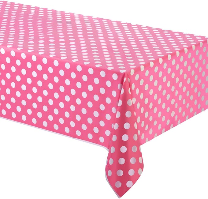 UNIQUE - Roze plastic tafelkleed met witte stippen 1.37 x 2.74 m
