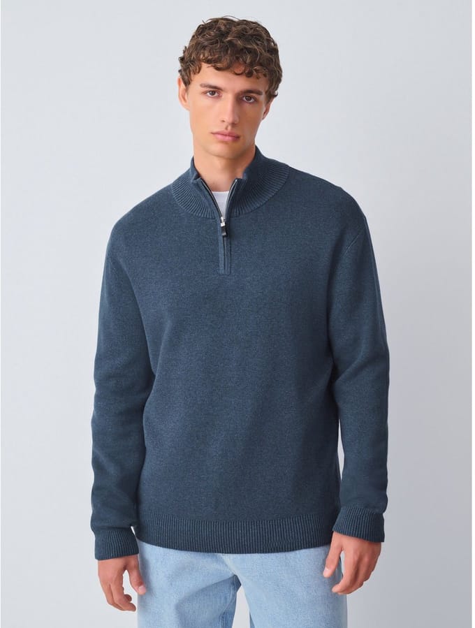 Next - Heren - Effen - Regular fit 100% katoenen premium trui met korte rits - Blauw