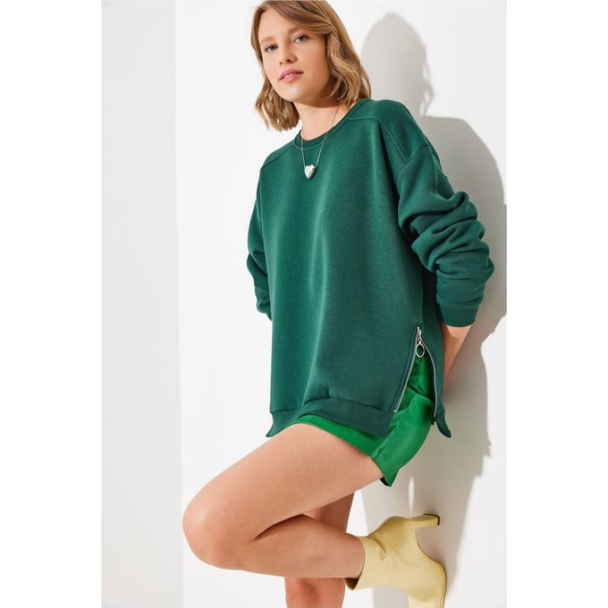 Crew Neck Sweatshirt met Ritssluiting Details