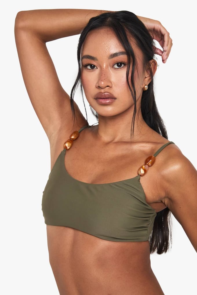boohoo Dames Resin Stone Scoop Neck Bikini Top | Kaki | Maat: 36