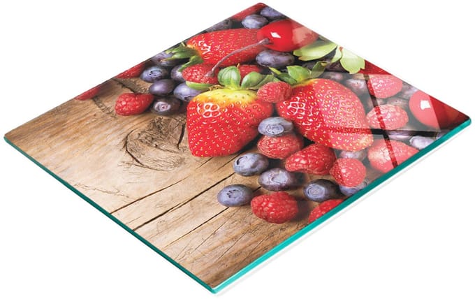 Glazen snijplank met fruit- en bessenmotief, hout, 60x52 cm