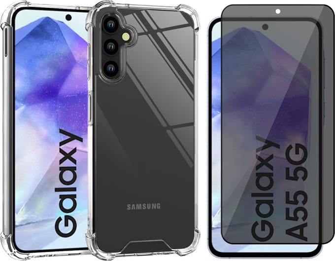 Hoesje geschikt voor Samsung Galaxy A55 - Privacy Screenprotector Volledig Dekkend Glas - Shockproof Transparant
