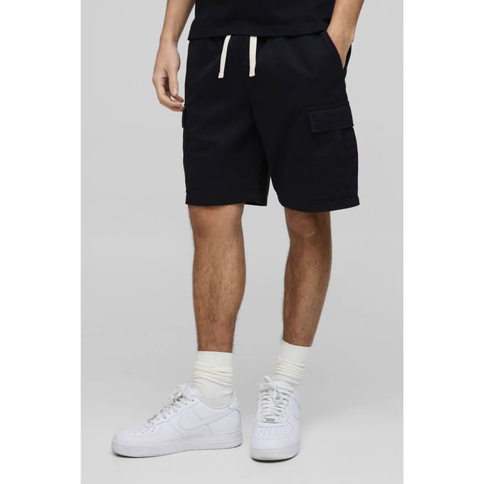 Essential Elasticated Waist Black Slim Fit Cargo Shorts | Size Large