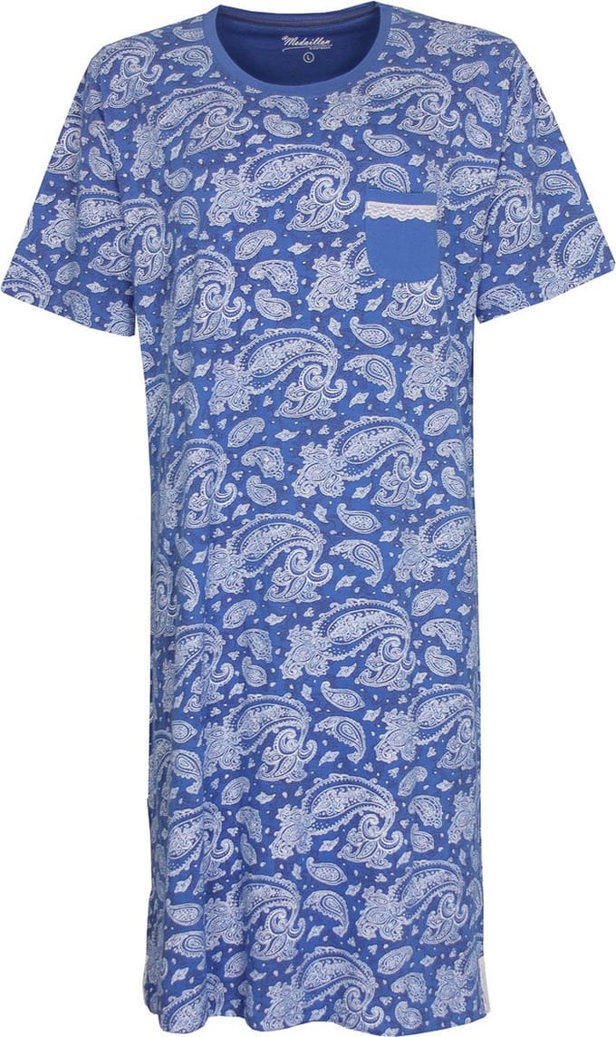 Medaillon Dames Nachthemd - Geprint Dessin - Katoen - Blauw - Maat S