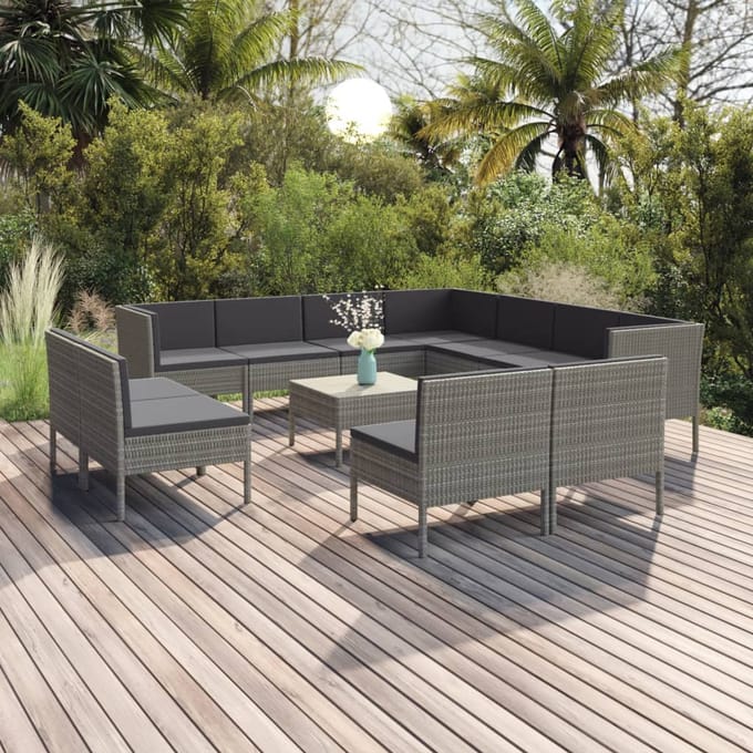 vidaXL - 12-delige - Loungeset - met - kussens - poly - rattan - grijs