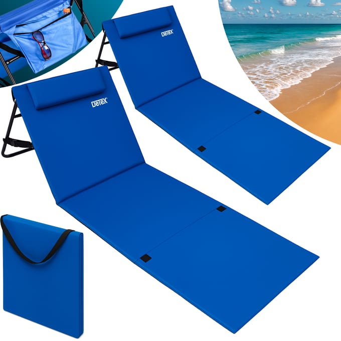 DETEX Set 2x Opvouwbare Strandmat - Rugleuning Kussen Draagriem - Blauw