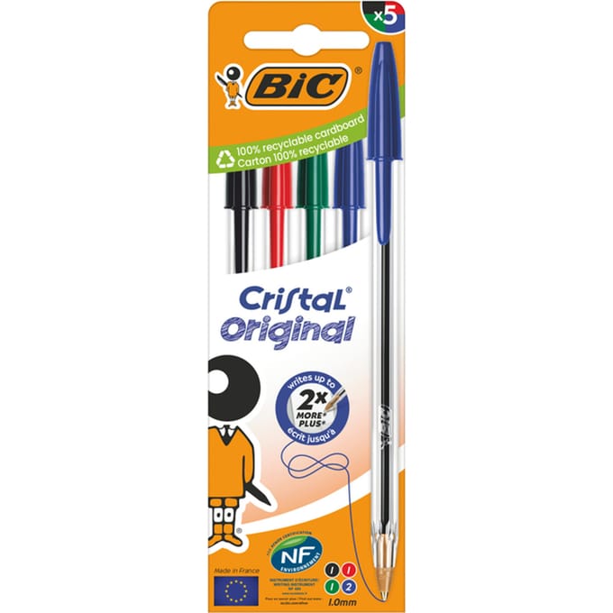 Bic Cristal balpen | medium | blister van 5 stuks: zwart | rood | groen en 2 x blauw
