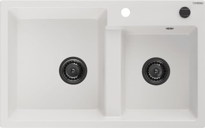 Mexen Tomas granieten spoelbak 2-vaks 800 x 500 , wit, zwarte sifon - 6516802000-20-B