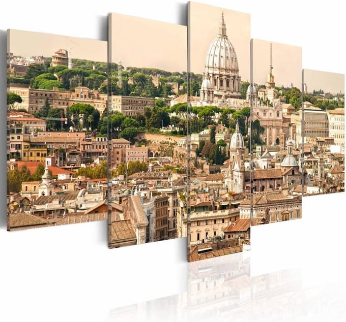 Schilderij - De daken van Rome, Beige/groen, 5luik, wanddecoratie