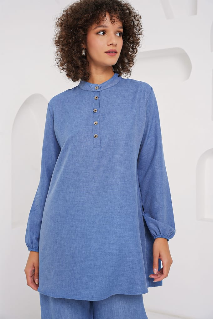 Gestructureerde Linnenmix Langsleevetunika en Wijde Pantalon Set