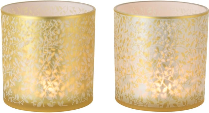J-Line theelichthouder Bladeren - glas - goud/wit - large - set van 2