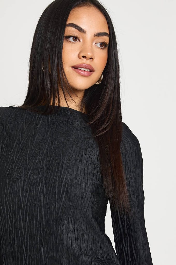 boohoo Dames Getextureerde Wijdvallende Mouw Shift Jurk | Zwart | Maat: 40