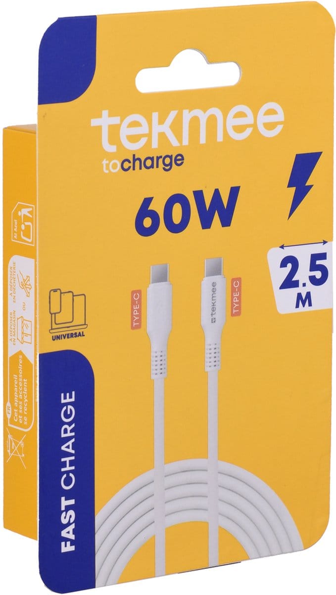 TEKMEE Oplaadkabel - USB-C naar USB-C Kabel – 2.5M – 60W – Snelladen