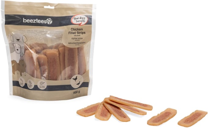 Beeztees Kipfilet Strips met eend - Hondensnack - beloningssnack - Voordeelverpakking - 900 gr