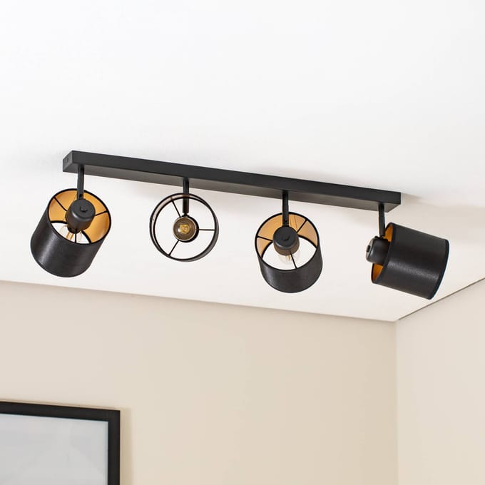Argon Plafondlamp Suerte, zwart / goud, 4-lamps, textiel, staal