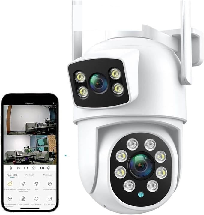 Beveiligingscamera Buiten - PTZ Camera WiFi - Huisbewaking - Dubbele Lens Dual Screen - 8MP - Wit
