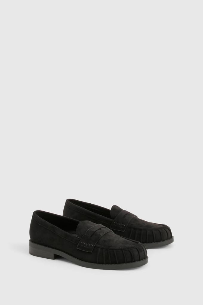 boohoo Dames Nep suede basic geraffelde loafers | Black | Maat: 3