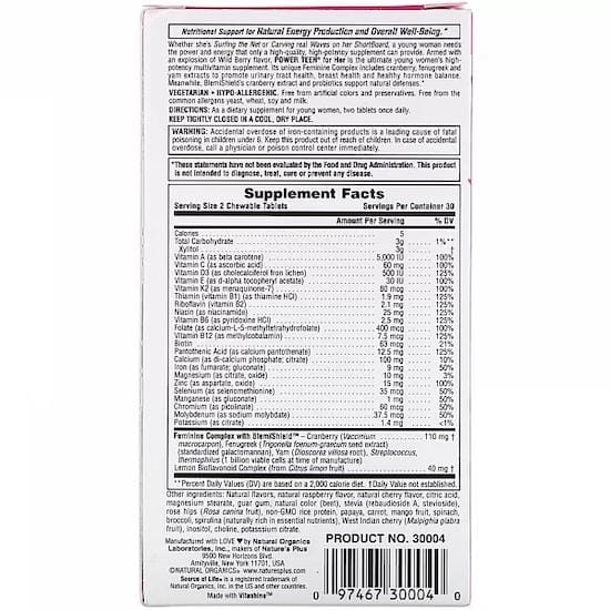 Nature's Plus - Source de vie, Power Teen, pour elle, saveur naturelle de baies sauvages, 60 comprimés à croquer