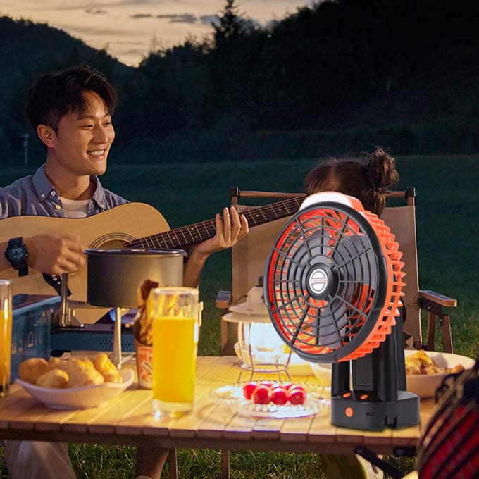 2-in-1 Campingventilator met LED-licht Multifunctionele Tent Plafondventilator Oplaadbare Statiefventilator Ondersteuning zwart