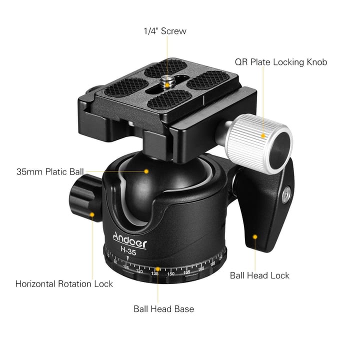 Andoer H-35 Panorama Statief Balhoofd Balhoofd Mount Adapter U-Groef Low Gravity Center Design zwart