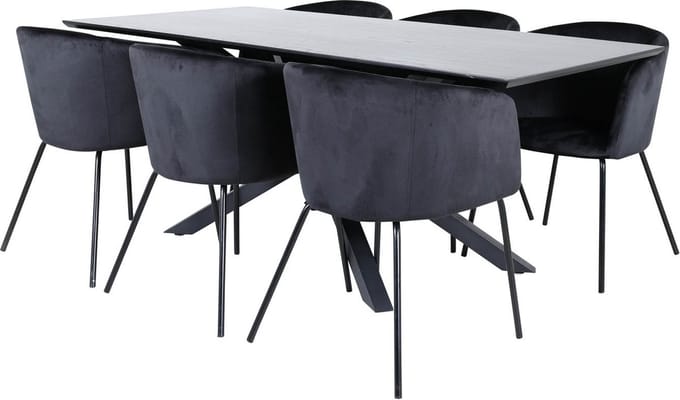 PiazzaBLBL eethoek eetkamertafel zwart en 6 Berit eetkamerstal velours zwart.