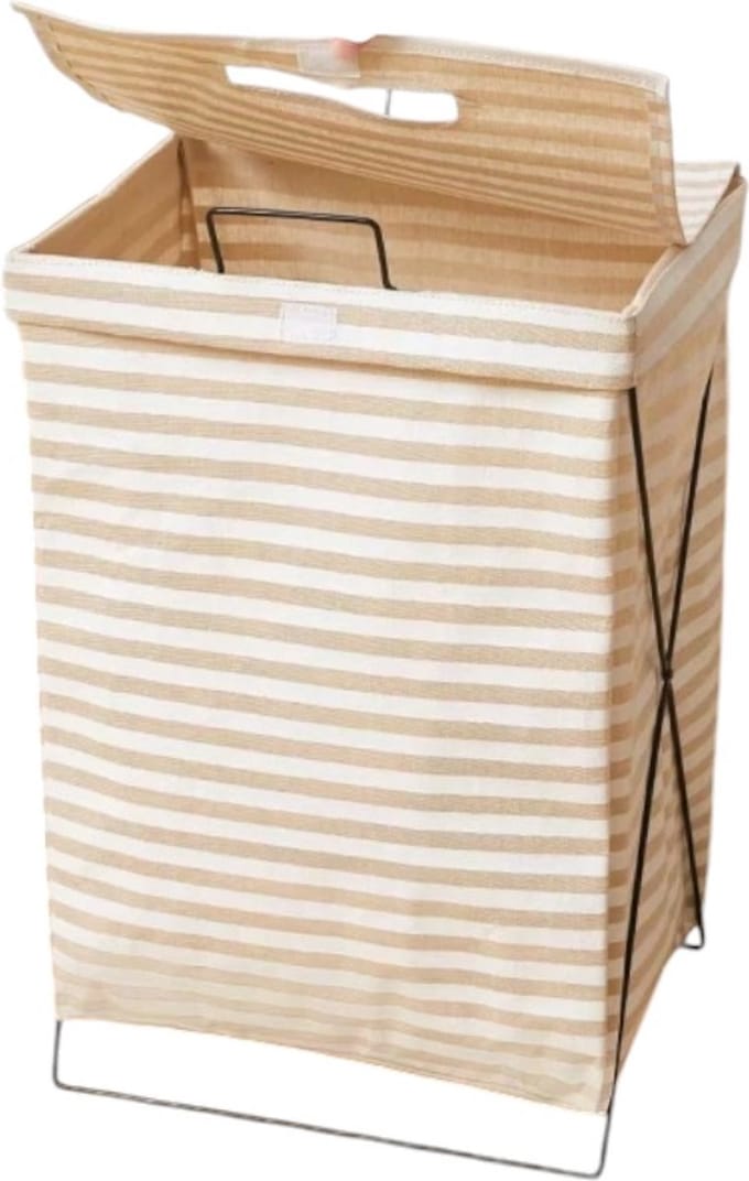 Gestreepte Katoenen Wasmand met IJzeren Frame en Deksel - Inklapbare Wasmand - 36 cm x 28 cm x 59 cm