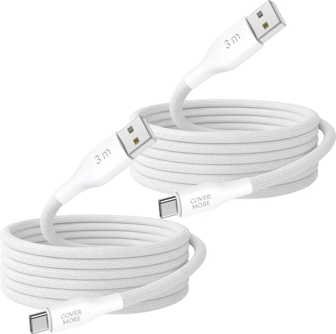 Usb A naar usb C kabel 3 meter - Oplaadkabel - Geschikt voor opladen android smartphone met usb C ingang - 2 stuks - Wit