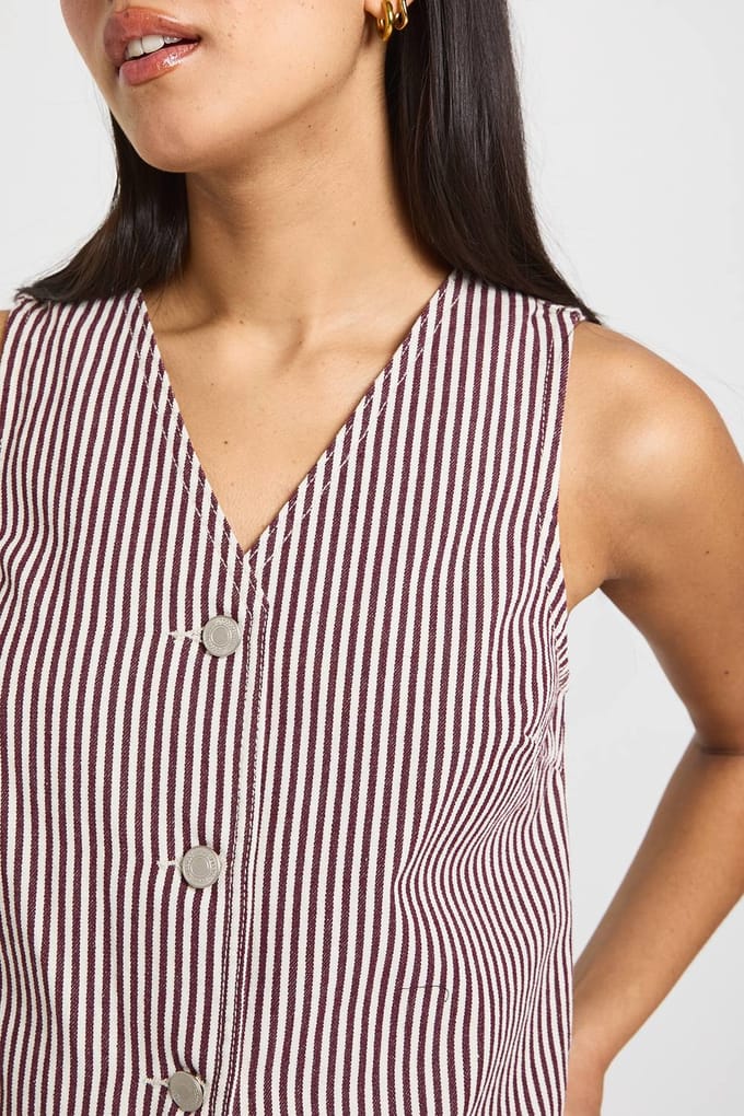 boohoo Dames Gestreept Denim Gilet | Bordeaux Rood | Maat: 42