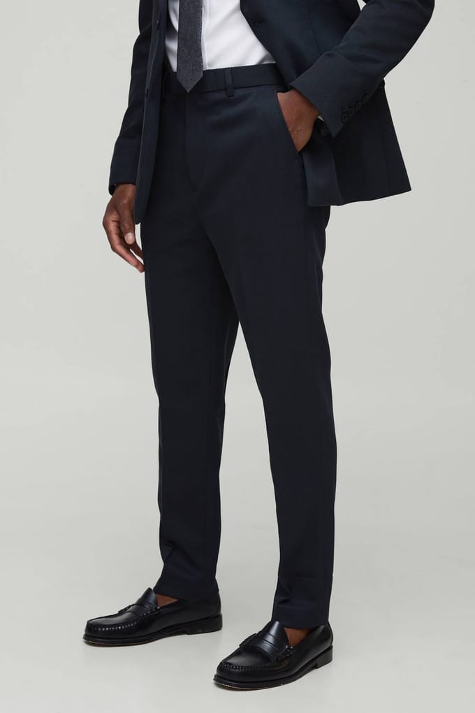 Tapered Fit Ribbed Twill Fixed Waist Trouser | Navy | Size 46
