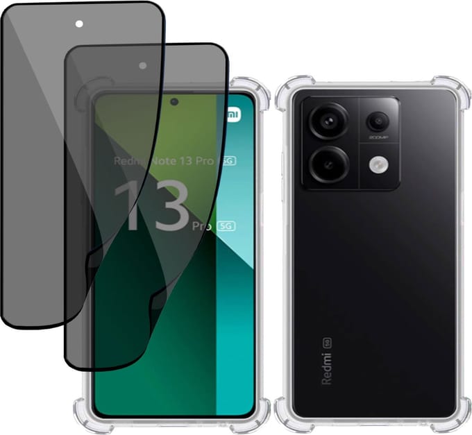 Hoesje + 2x Privé Screenprotector geschikt voor Xiaomi Redmi Note 13 Pro / POCO M6 Pro – Privacy Folie- Case Transparant